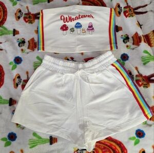 Forever 21 Trippy Mushroom White Shorts with Rainbow Trim